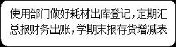 圆角矩形: 使用部门做好耗材出库登记，定期汇总报财务出账，学期末报存货增减表
